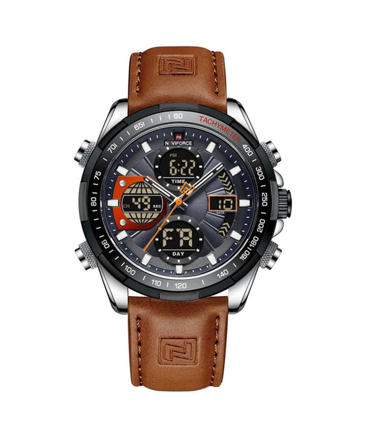 Naviforce Men's Pathfinder Dual Display,  Leather Wrist Watch - Brown